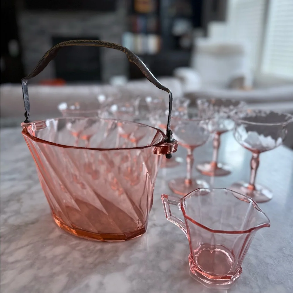 Vintage Pink Glass Ice Bucket and Creamer Set